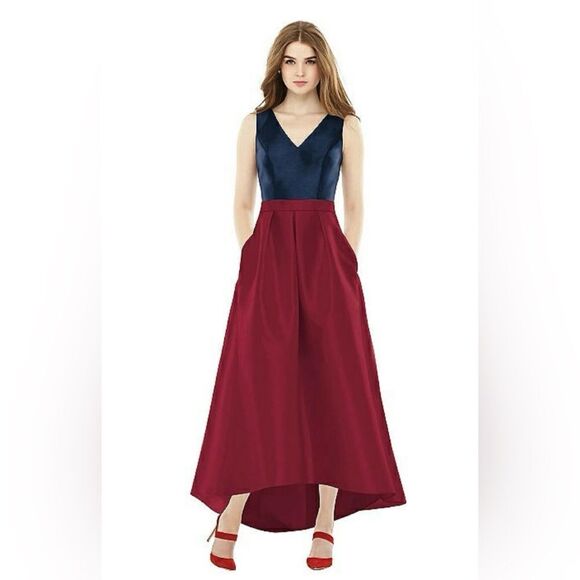 NEW Alfred Sung Style D723 Blue Burgundy Satin High Low Maxi Formal Gown Dress 4